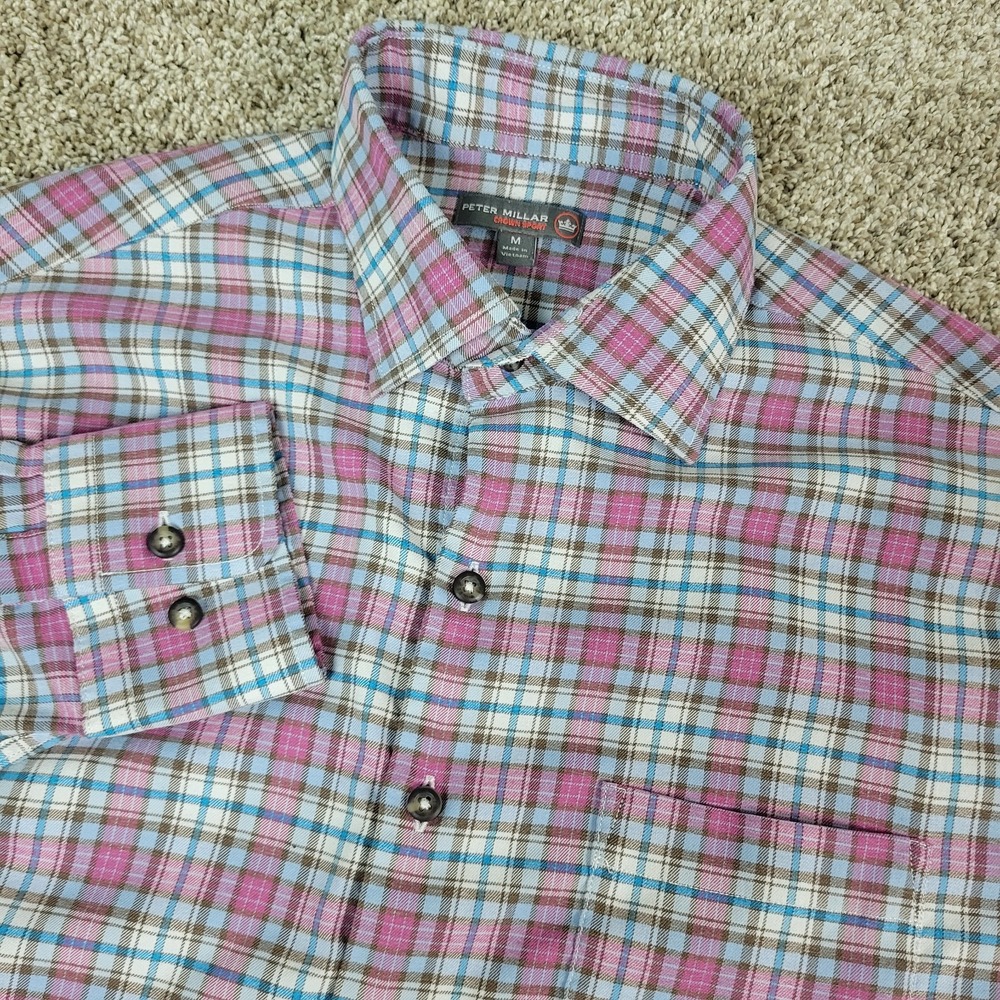 Peter Millar Crown Sport Mens Medium Multicolor Plaid‎ Performance Button Up LS